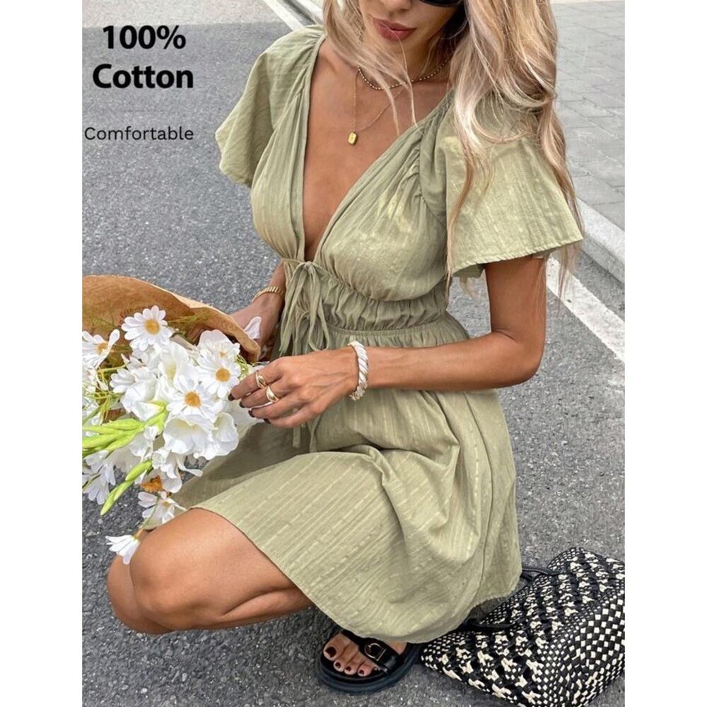 Shein 100% Cotton Beige Flutter Sleeve V-Neck Tie A-Line Dress Casual